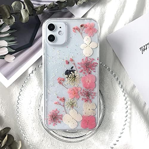 Tybiky Coque de protection pour iPhone 13, en caoutchouc transparent, motif fleurs séchées colorées, fabriquée à la main, pour Apple iPhone 13, trèfle à quatre feuilles, rose